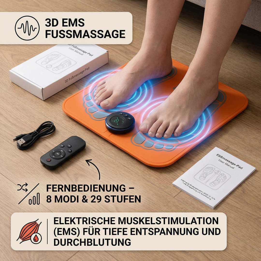 3D Fußmassage-Pad mit Fernbedienung – Elektrischer EMS Fußmassager mit 8 Modi & 29 Intensitätsstufen